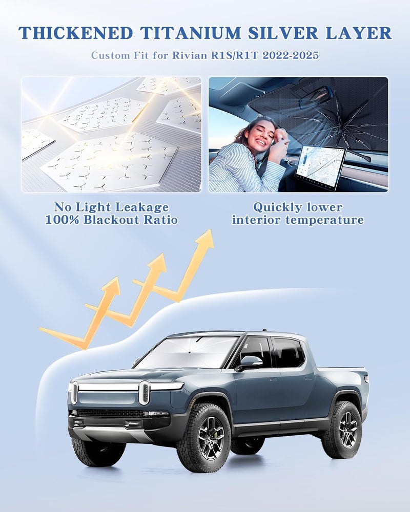 Epltion [Upgrade] Portable for Rivian R1T/R1S 2022-2025 Windshield Sunshade Umbrella[Military-Grade Sturdy] with Carry Bag,Ice Crystal Durable Compact Shade Umbrella UPF50+ UV Front Window Outdoor Camping - Image 2